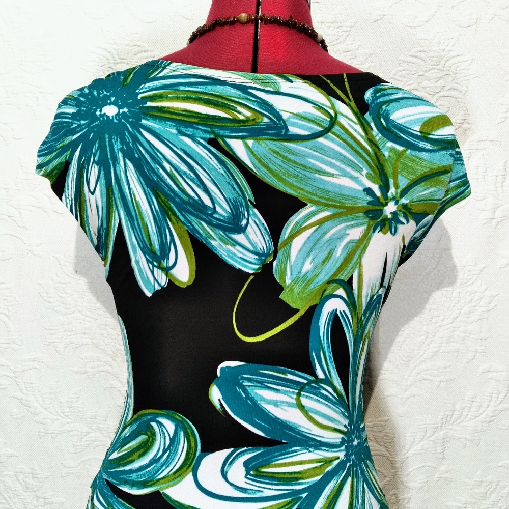 Enfocus Floral Stretchy Fitted Black Blue Midi Dress Size 6 - Picture 3 of 11